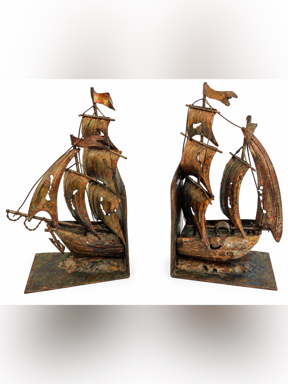 Vintage brutalist nautical metal sailing-ship sculptures